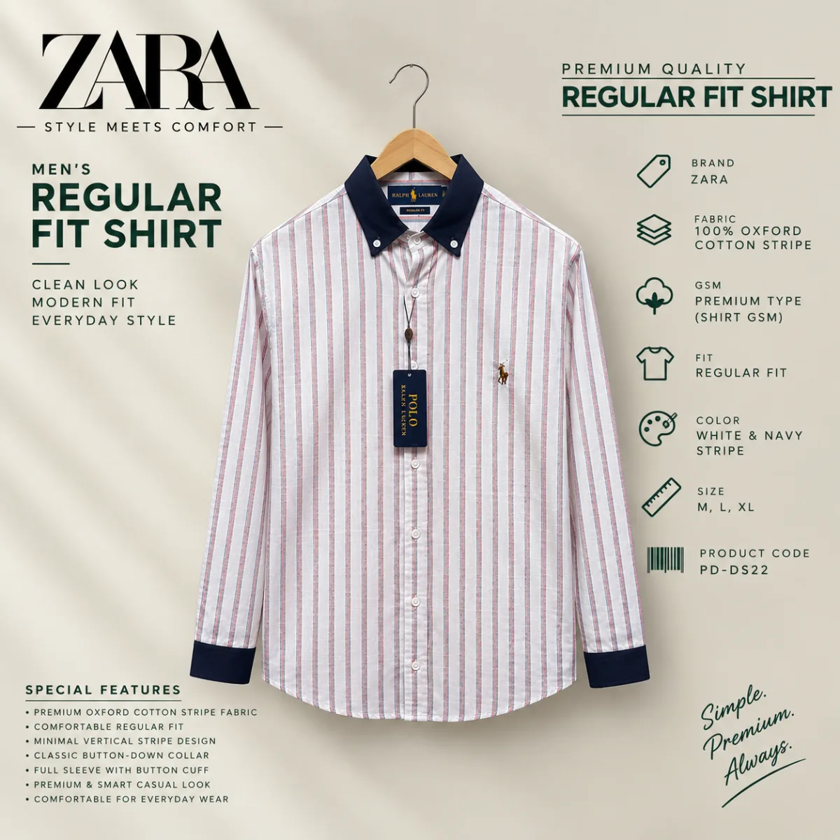 ZARA Premium Regular Fit Oxford Cotton Stripe Shirt (কপি) (কপি)