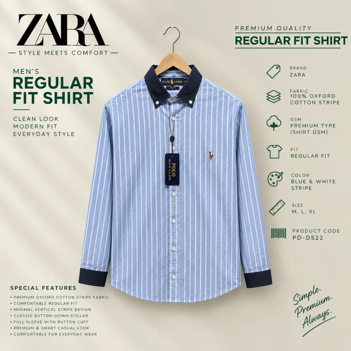 ZARA Premium Regular Fit Oxford Cotton Stripe Shirt (কপি) (কপি) (কপি) (কপি)