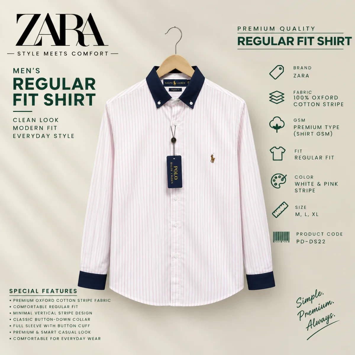 ZARA Premium Regular Fit Oxford Cotton Stripe Shirt (কপি) (কপি) (কপি) (কপি)